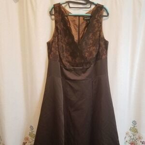 Lane Bryant chocolate brown𝅺 Lace party dress tulle liner‎ fit n flare dress